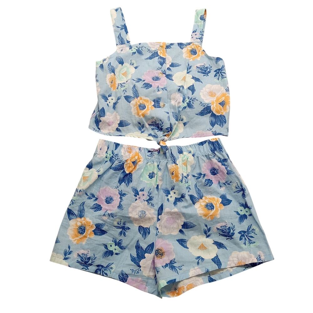 B Tween 2Pc Set 7 Girls Top Shorts Floral Blue Cotton Blend